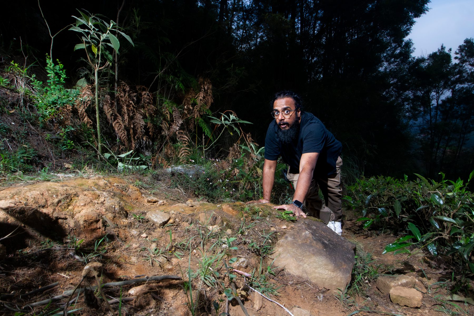 Lala crouched on a steep forest slope at night, one hand on a boulder, looking up towards the camera, ferns and undergrowth lit around him