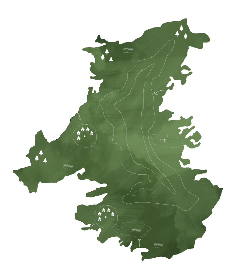 An illustrated green watercolour map of Bandhavgarh National Park, marking the buffer zone, rivers and the safari camps within it