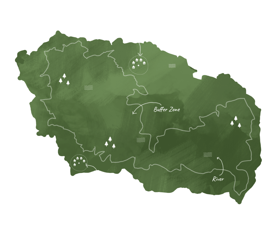 An illustrated green watercolour map of Kanha National Park, marking the buffer zone, rivers and the safari camps within it