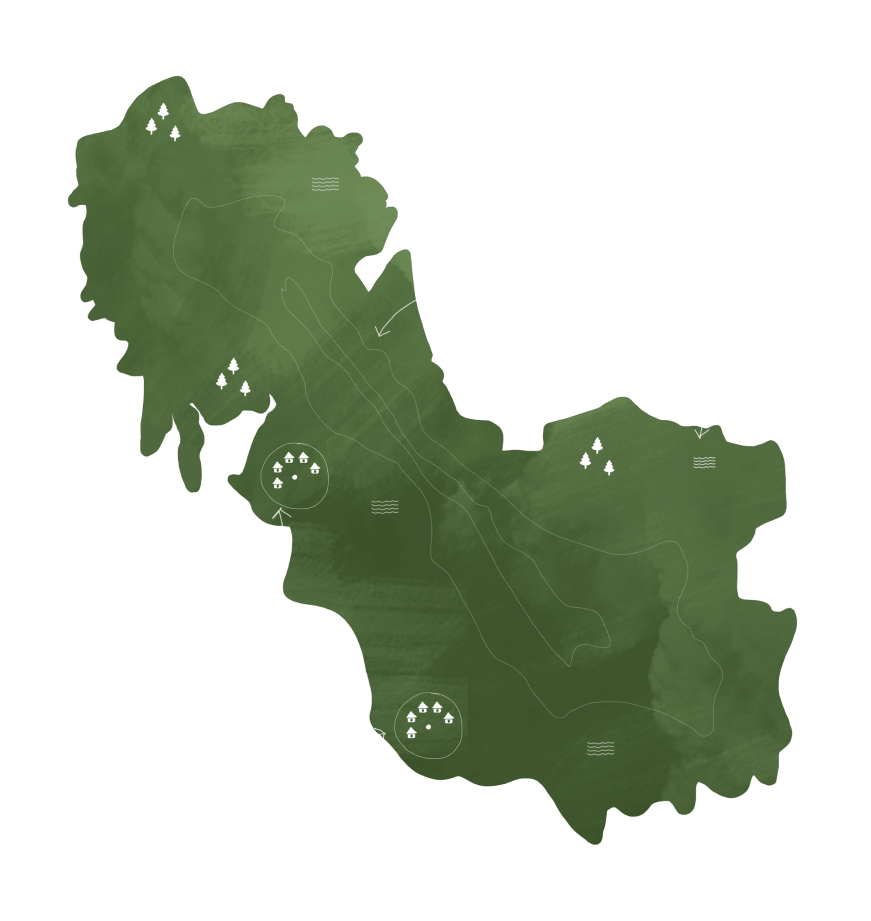 An illustrated green watercolour map of Tadoba National Park, marking the buffer zone, rivers and the safari camps within it