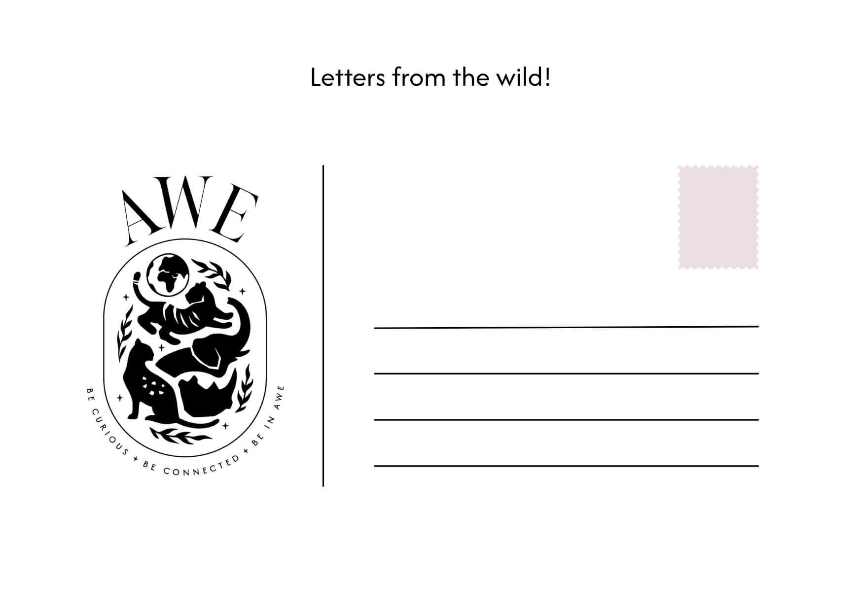 The back of an Atlas Wild Experiences postcard, blank and ready to send