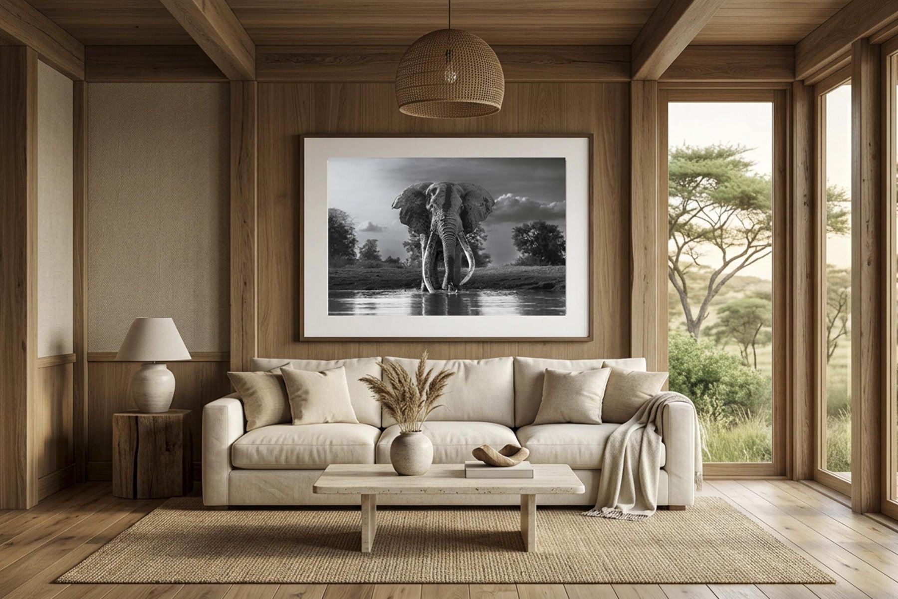 The print "Entre Nous" shown framed in black and white, hung above a sofa in a living-room mockup from the shop