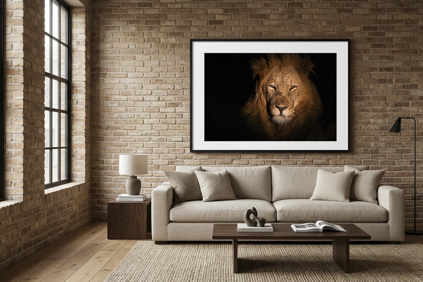 The print "Ghost and the Darkness" shown framed and hung above a sofa, a living-room mockup from the shop