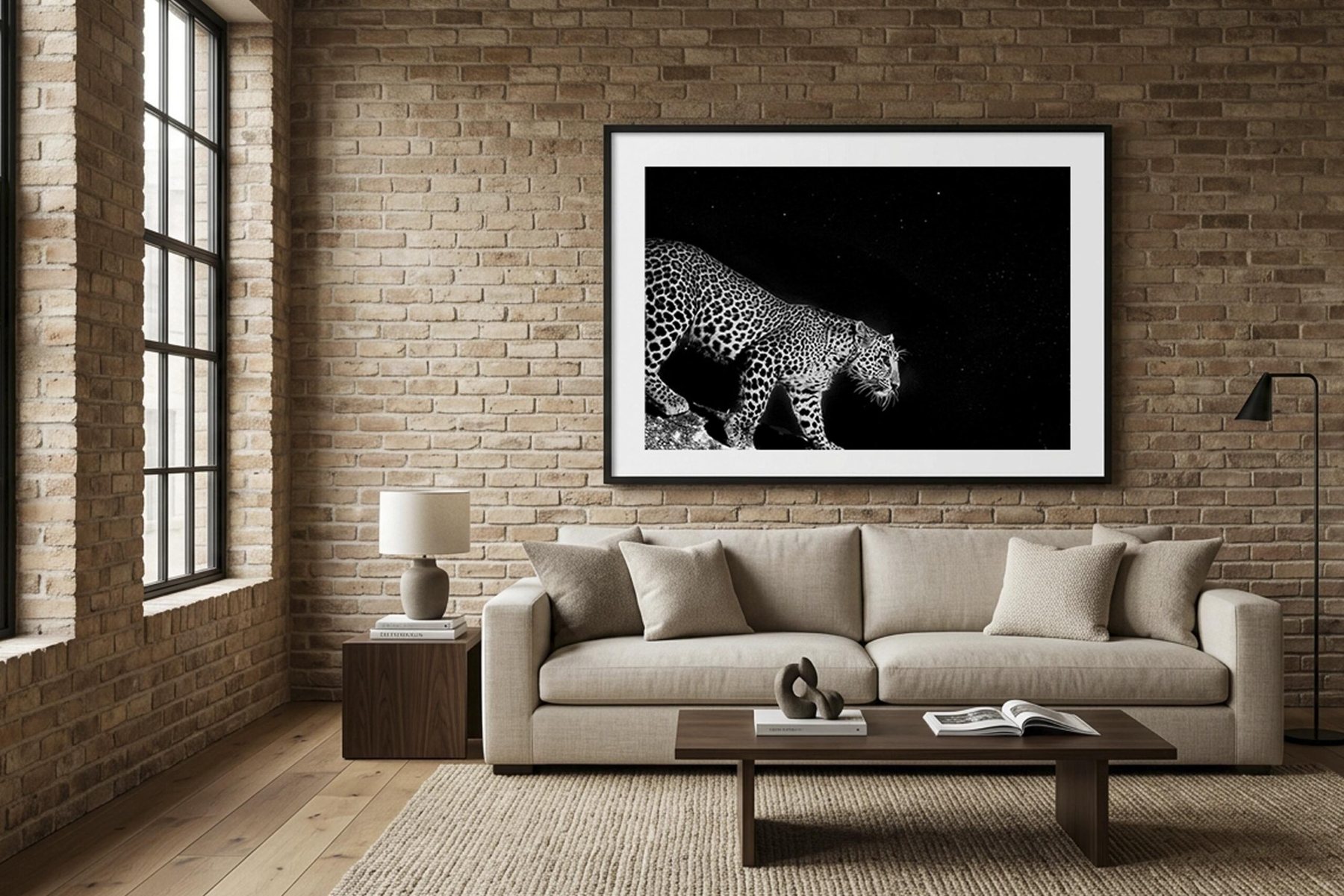 The print "Giant Steps" shown framed and hung above a sofa, a living-room mockup from the shop
