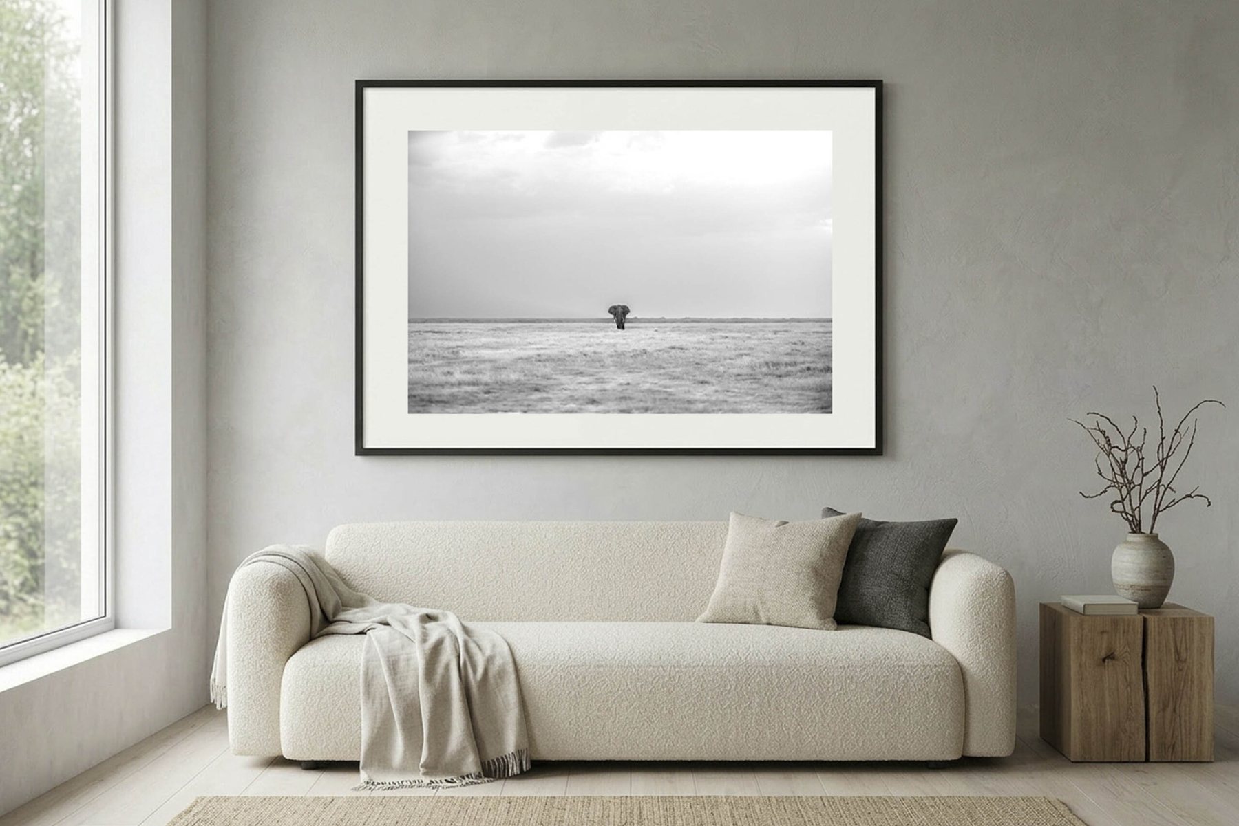 The print "Solitary Reaper" shown framed and hung above a sofa, a living-room mockup from the shop