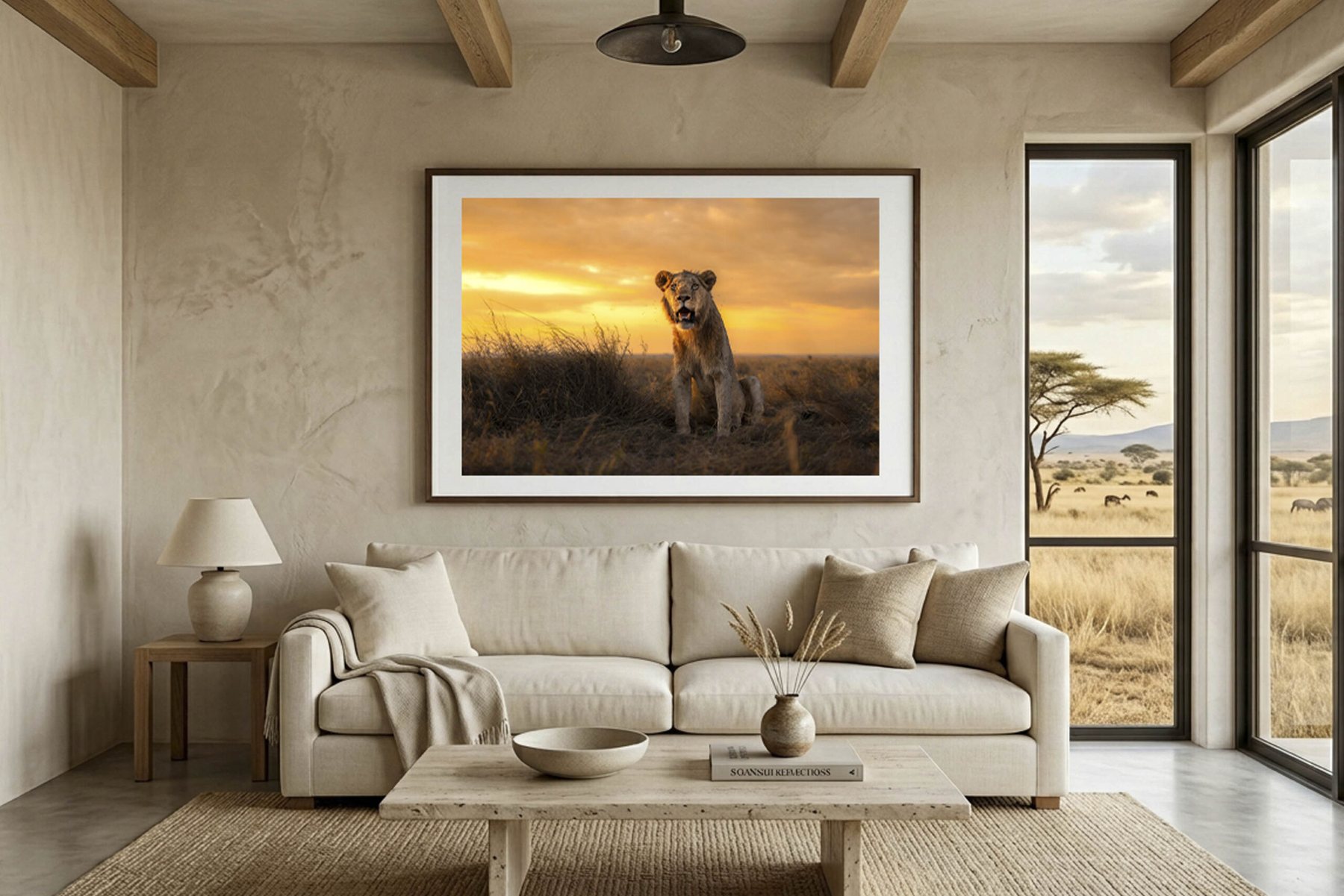 The print "The Challenger" shown framed and hung above a sofa, a living-room mockup from the shop