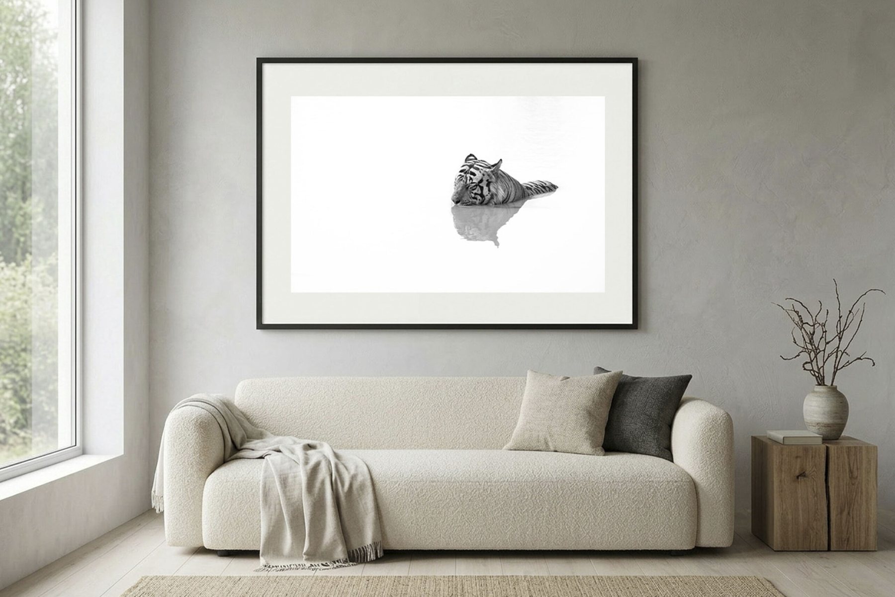 The print "Tranquility" shown framed and hung above a sofa, a living-room mockup from the shop