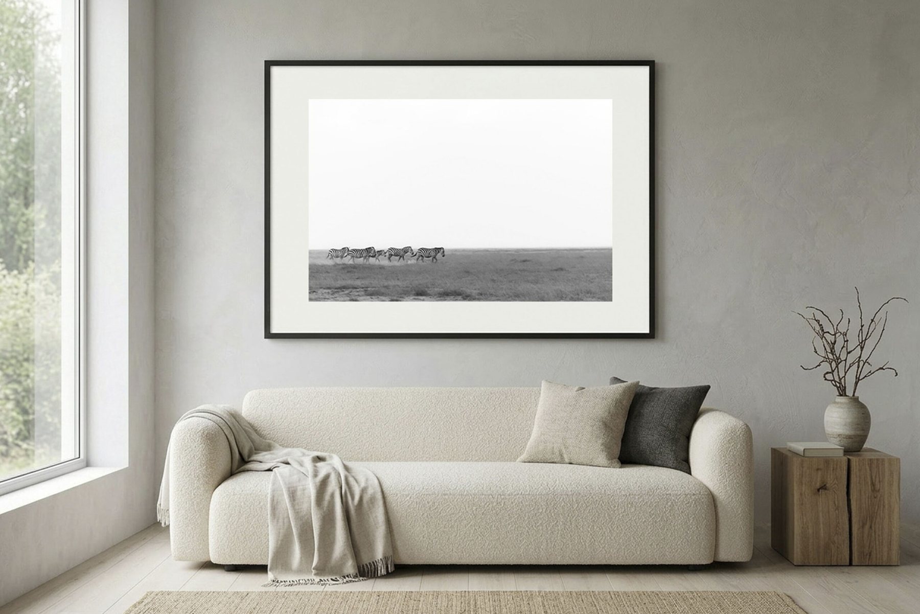 The print "Zebra Crossing" shown framed and hung above a sofa, a living-room mockup from the shop